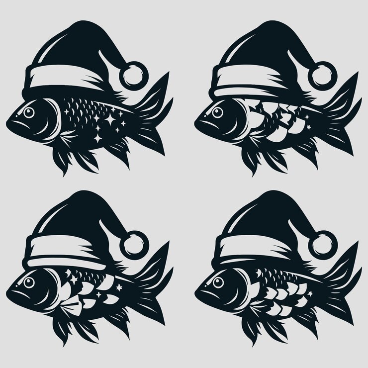 Vetor peixe com o chapéu preto do papai noel files silhouette bass peixe chapéu de papai noel com files de peixe