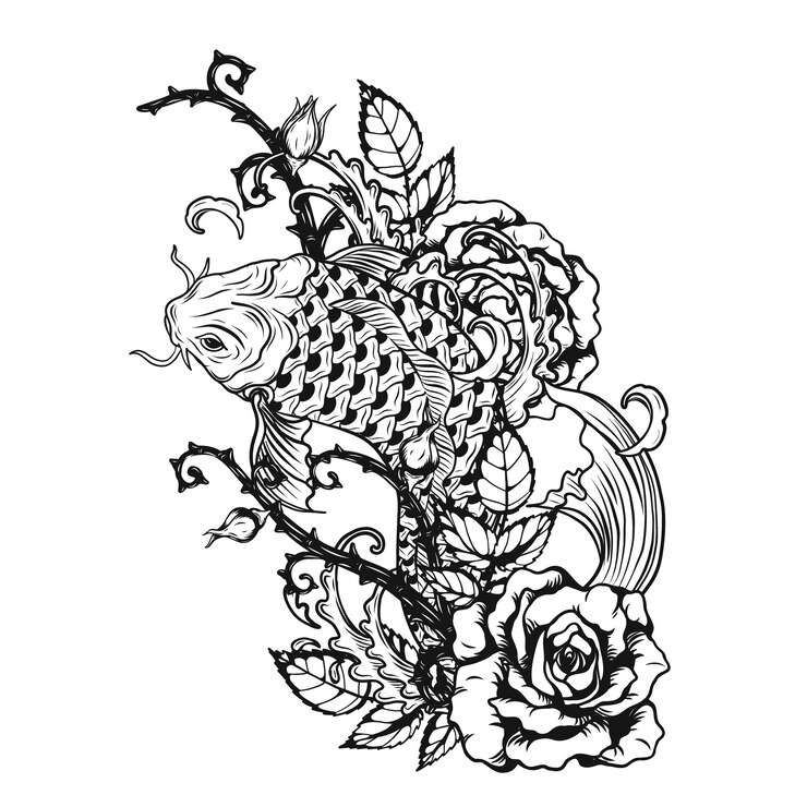 Peixe com tatuagem de rosa desenho à mão