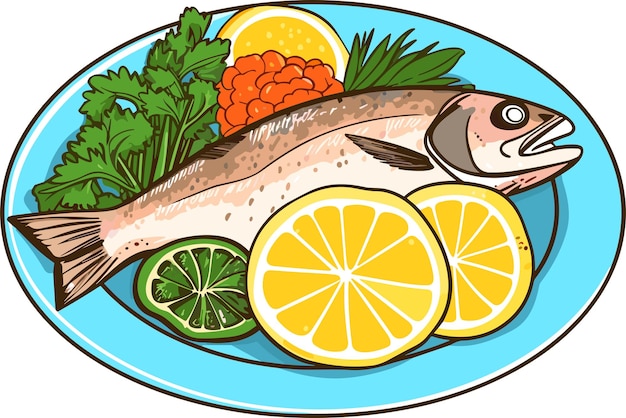 Vetor peixe cozido com limão e legumes em uma ilustração vetorial de prato