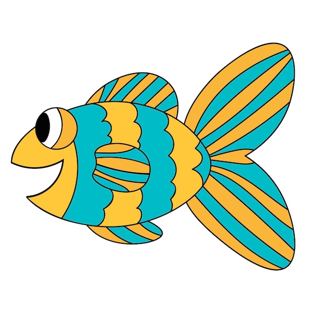 Peixe de desenho animado sorridente, colorido, azul e amarelo, animal de aquário tropical de linha fina desenhada à mão