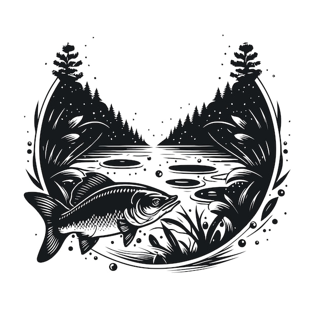Peixe de pesca na água modelo de design de logotipo vintage em branco e branco