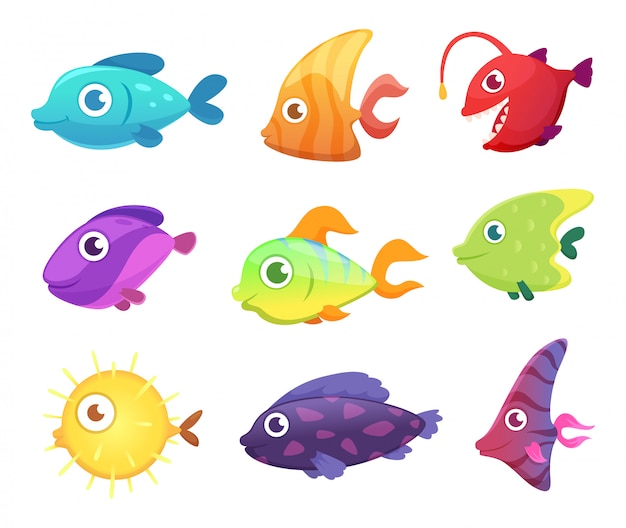 Peixe dos desenhos animados. animais marinhos do oceano subaquático para jogos vector imagens