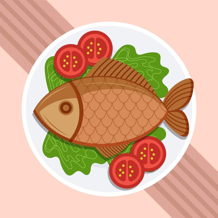 Vetor peixe frito inteiro de comida asiática para o ano novo chinês em estilo de desenho animado plano