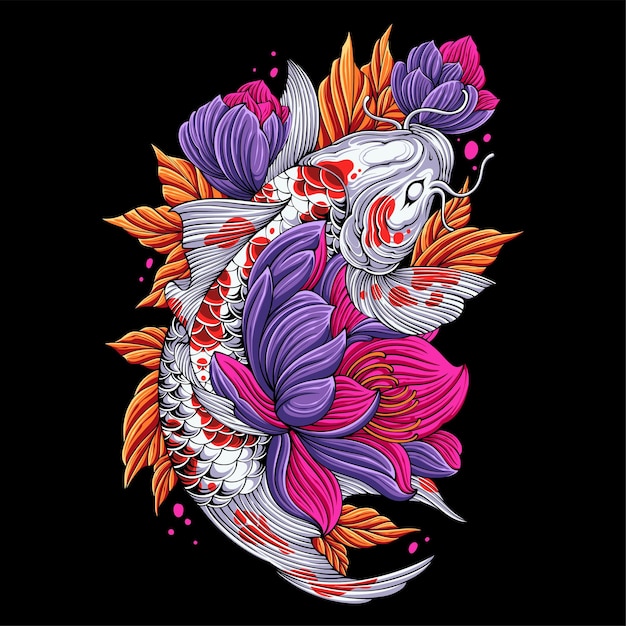 Vetor peixe koi colorido pulando com flores e folhas ao redor para design de camiseta