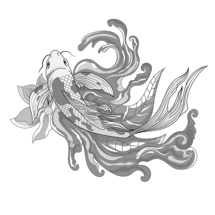 Vetor peixe koi desenhado à mão com tatuagem de flor para tatuagem tradicional de tatuagem japonesa de braço com respingo de água