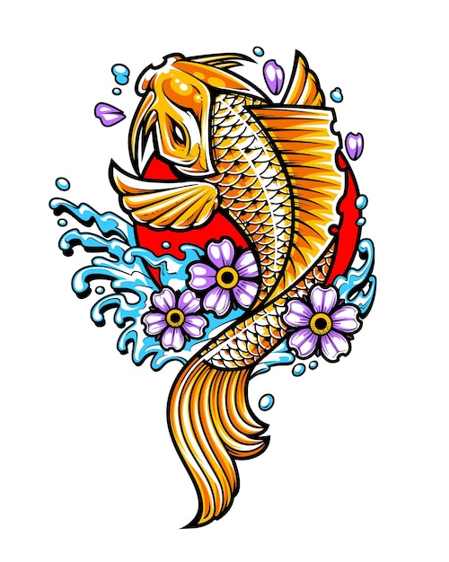 Peixe koi dourado com flores e salpicos de água no círculo vermelho. Arte vetorial de estilo de tatuagem japonesa.