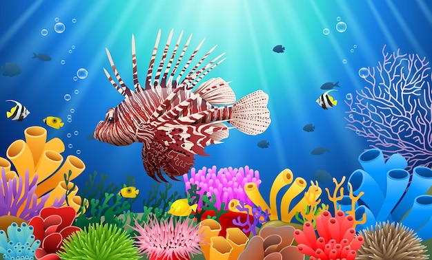 Peixe-leão e recifes de coral no mar beleza subaquática Ilustração vetorial