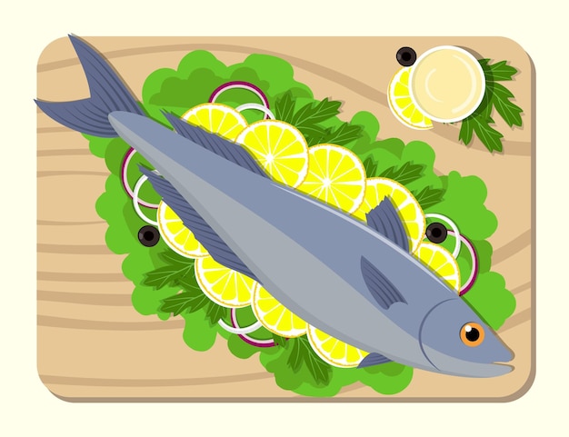 Vetor peixe numa tábua com rodelas de limão folhas de alface molho de cebola salsa cozimento de salmão