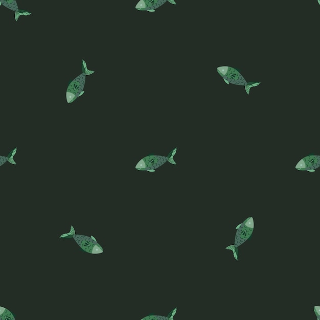 Peixe padrão sem emenda em fundo verde escuro. ornamento minimalista com animais marinhos. molde geométrico para tecido. ilustração em vetor design.