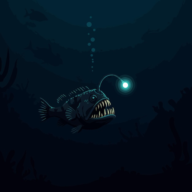 Peixe pescador nadando no mar profundo com isca e bolhas brilhantes