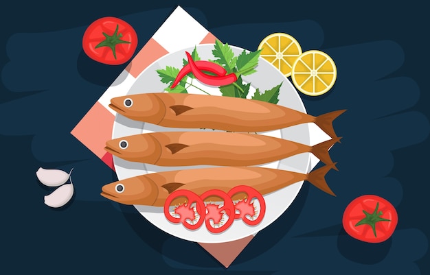 Vetor peixe vegetais comida delicioso menu saboroso na mesa ilustração