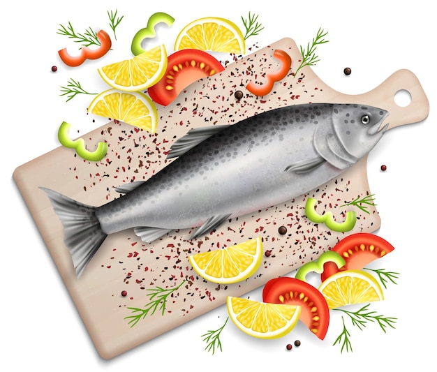 Peixe vermelho salmão na ilustração realista do vetor de tábua de corte