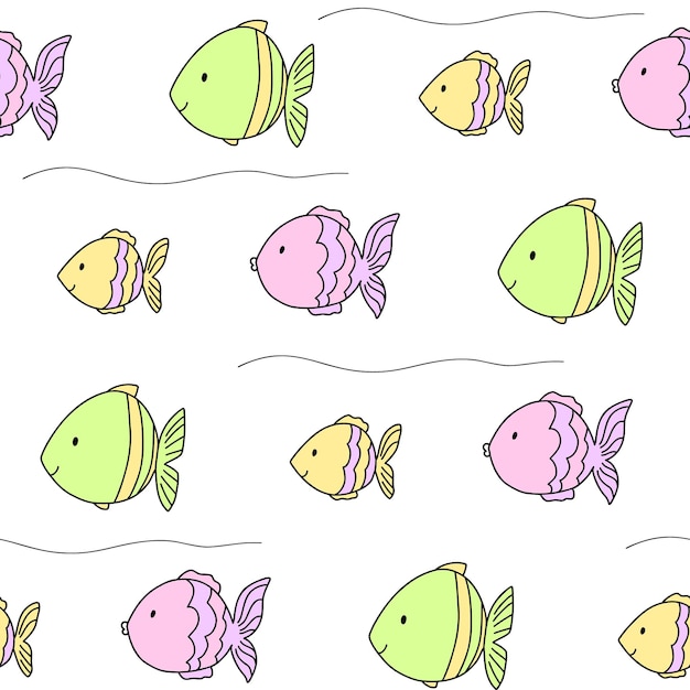 Peixes bonitos padrão de mar de cores pastel linha doodle fundo sem costura oceano têxteis para crianças