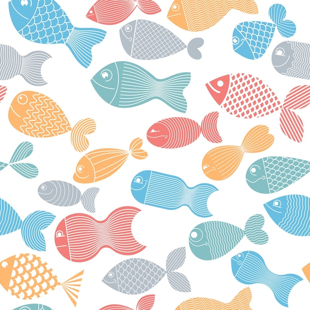 Vetor peixes de desenho animado vector fundo sem emenda, padrão infantil fofo para crianças têxteis ou papel de embrulho ou embalagem para produtos de frutos do mar.