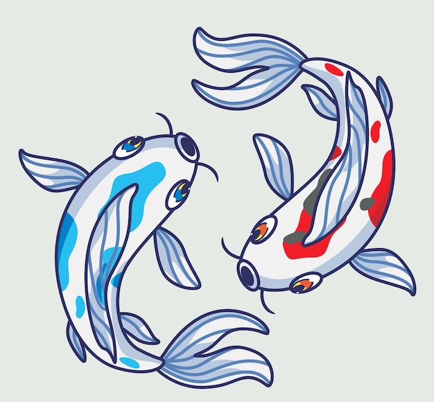 Peixes koi bonitos da ilustração de animais de desenho animado isolados de topo design de ícone de etiqueta de estilo plano premium