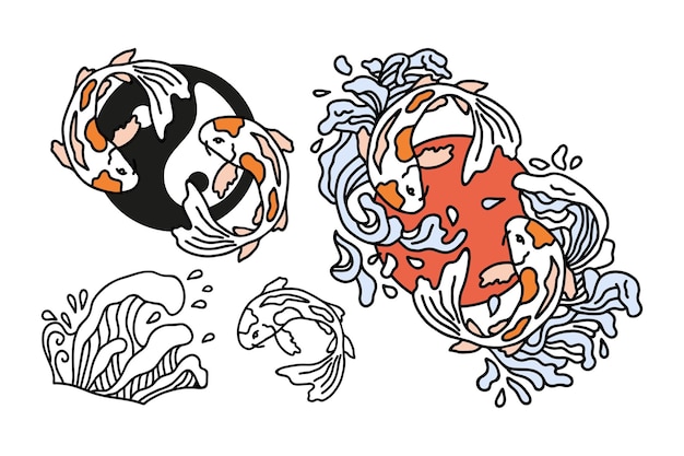 Peixes koi japoneses em símbolo zen redondo em estilo desenhado à mão vetorial
