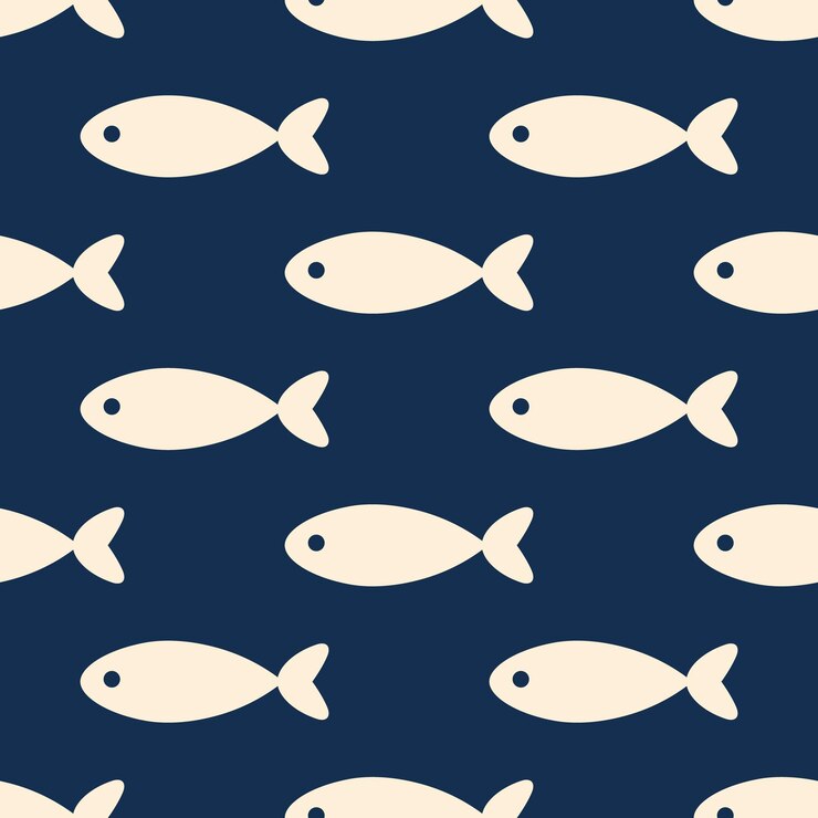Vetor peixes padrão simples vetorial sem costura marfim desenhos estilizados minimalistas em fundo azul escuro