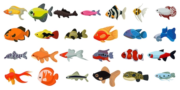 Peixes tropicais de aquário e coleção fofa do oceano dos desenhos animados animais de recifes de corais do mar e debaixo d'água