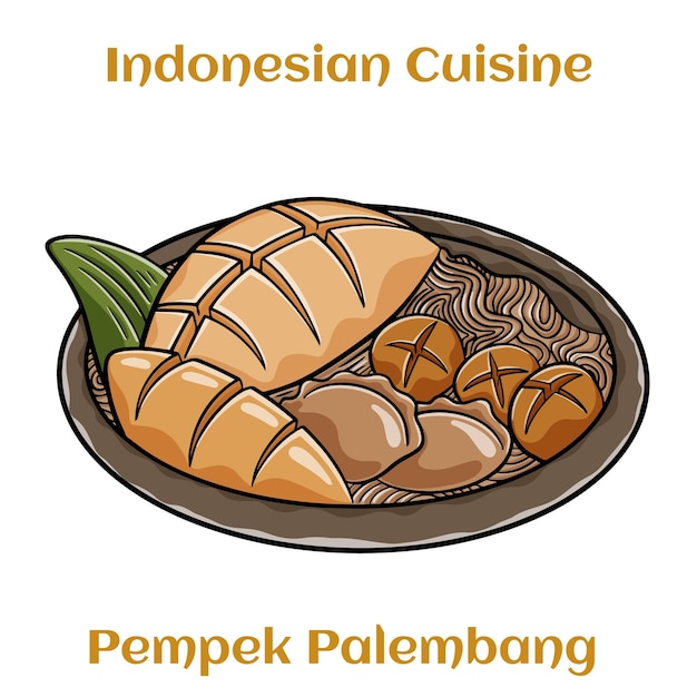 Vetor pempek palembang bolinhos de peixe saborosos em molho de vinagre picante da indonésia servidos com macarrão e pepino em pequenas tigelas de cerâmica