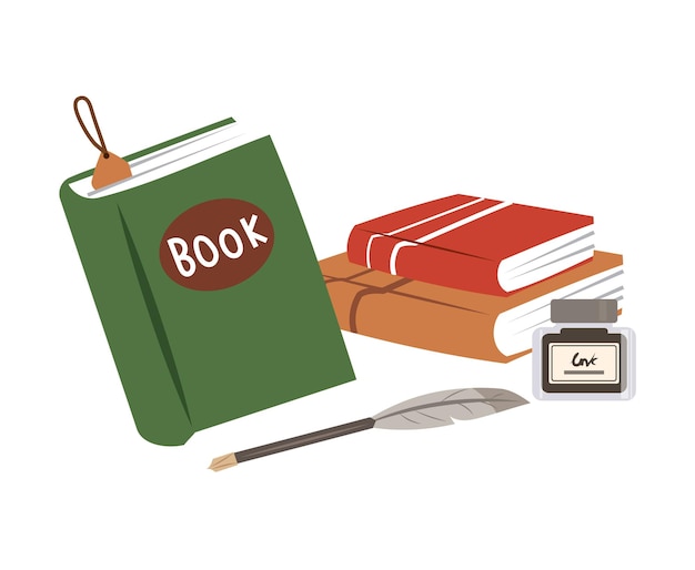 Penas de livros e ilustrações de tinta Ícones para ler ou escrever