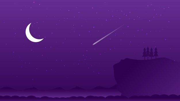 penhasco de cena de desenho animado de paisagem noturna com árvore de silhueta e lua crescente com meteoro no céu escuro