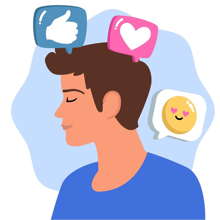Vetor pensamentos e emoções positivos ilustração com uma pessoa feliz