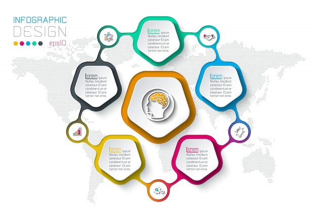 Pentágonos rótulo infográfico com 5 etapas.