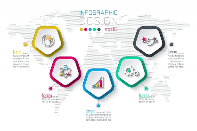 Pentágonos rótulo infográfico com 5 etapas.