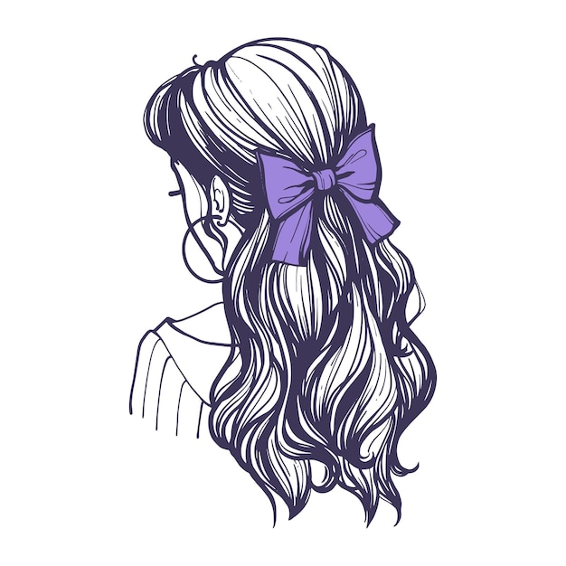 Penteado com um laço roxo no cabelo comprido. lindo penteado feminino com acessório de cabelo de estilo retro. mão-extraídas ilustração vetorial no estilo doodle isolado no fundo branco.