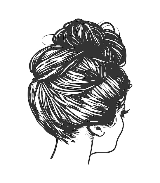 Vetor penteado de coque bagunçado com updo chique casual para mulheres na moda, criativo e simples, vista traseira