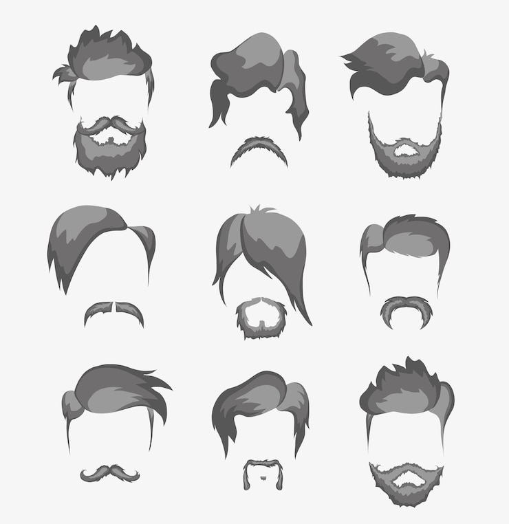 Vetor penteados de homem e corte de cabelo com bigode de barba no rosto. ilustração