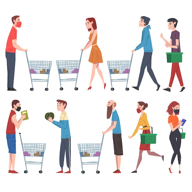 Vetor people walking with shopping carts and baskets set men and women shopping groceries at mall or supermarket cartoon style vector illustration