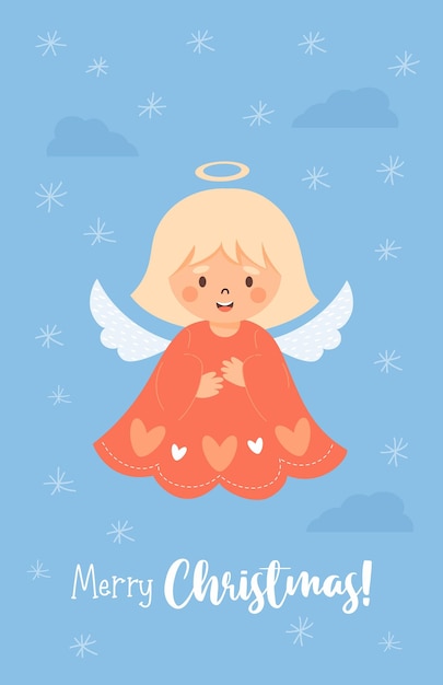 Pequena anjinha de Natal, cartão postal de feliz Natal em estilo cartoon Coleção fofa de crianças de ano novo