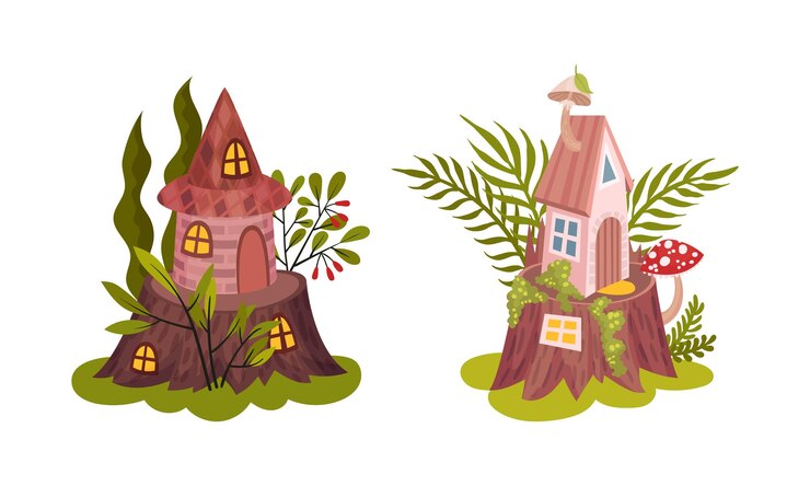 Vetor pequena casa de fada descansou no tronco da árvore com flora e folhagem vetor conjunto