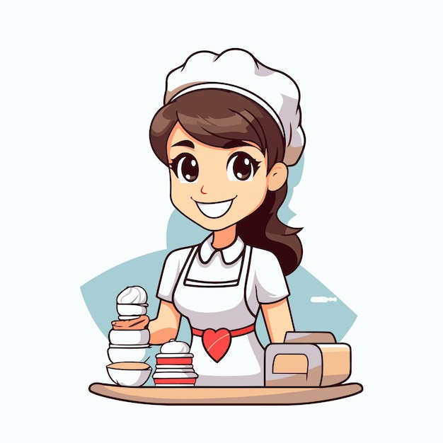 Vetor pequena cozinheira bonita com produtos de padaria desenho animado ilustração vetorial design gráfico