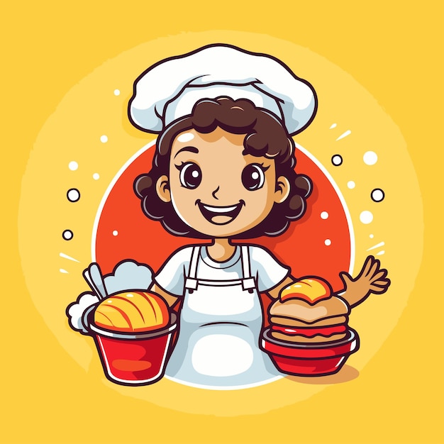 Pequena e bonita cozinheira de uniforme e chapéu ilustração vetorial