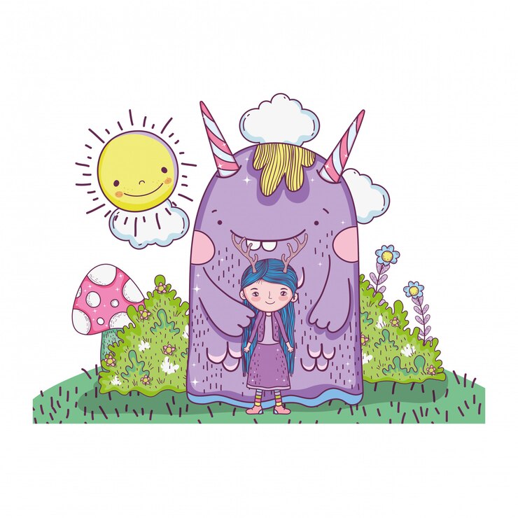 Vetor pequena fada com monstro no campo