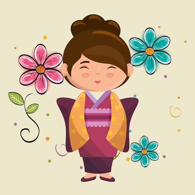 Pequena garota japonesa kawaii com caráter de flores