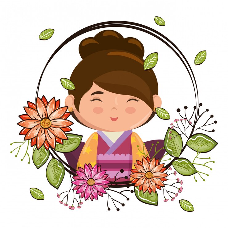 Vetor pequena garota japonesa kawaii com caráter de flores