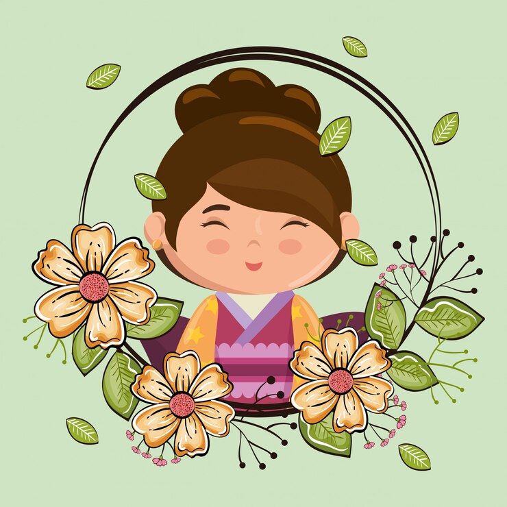 Vetor pequena garota japonesa kawaii com caráter de flores
