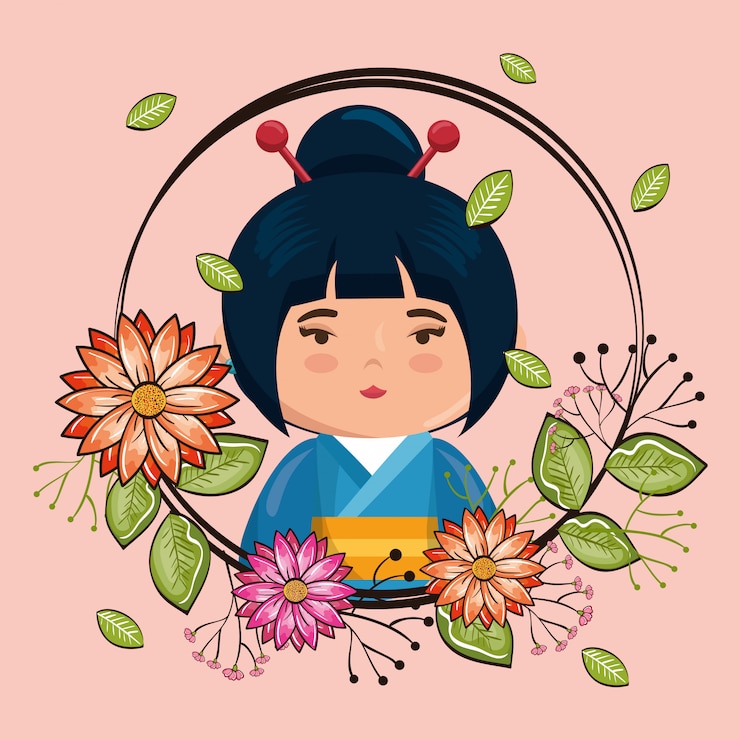 Vetor pequena garota japonesa kawaii com caráter de flores