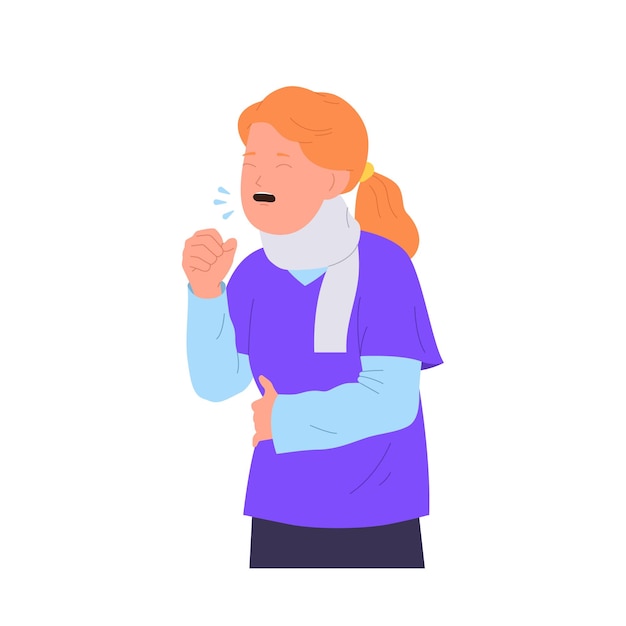 Pequena garota personagem de desenho animado se sentindo doente e não saudável tossindo na mão ilustração vetorial