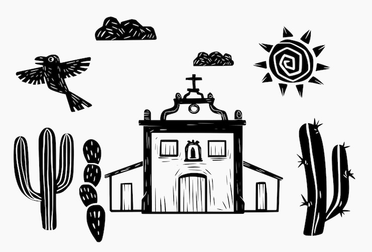 Vetor pequena igreja do interior céu ensolarado e cacto cordel literatura arte e estilo xilogravura