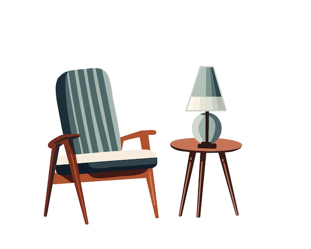 Pequena lâmpada de mesa e mesa com poltrona moderna macia em uma ilustração vetorial de fundo branco