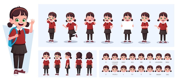 Vetor pequena menina construtor de personagens com gestos ações e emoções criança lado dianteiro visão traseira partes móveis do corpo para animação e ilustração vetorial lipsync