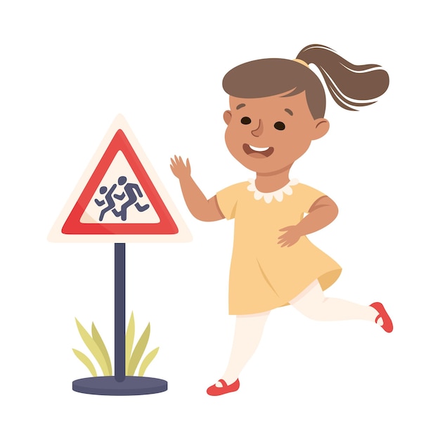 Pequena menina pedestre aprendendo sinal de estrada e ilustração vetorial de regras de trânsito
