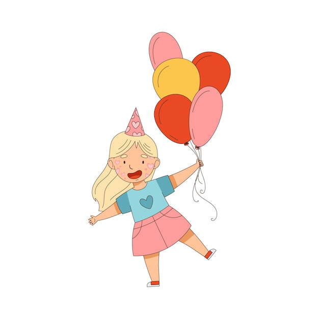 Pequena personagem de menina com chapéu de aniversário e com rosto pintado carregando um monte de balões Ilustração vetorial