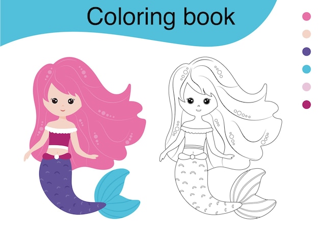 Pequena sereia bonita com cabelo comprido. Livro de colorir para crianças. Desenho vetorial para colorir preto e branco.