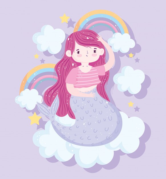 Pequena sereia bonita sentada na nuvem com desenho de decoração de estrelas de arco-íris