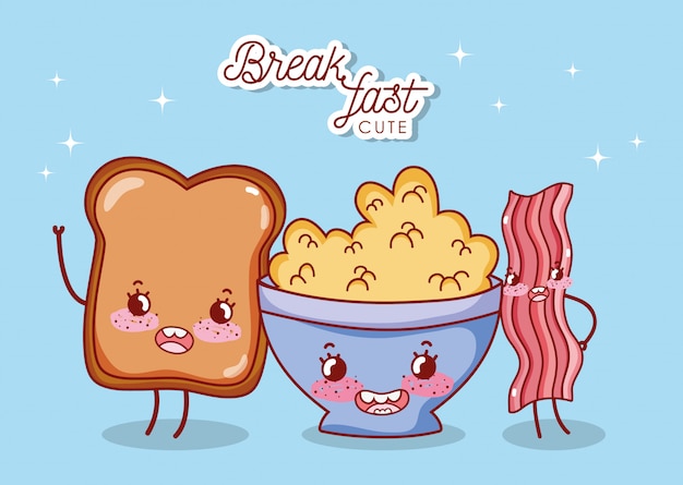 Pequeno-almoço bonito cereal pão e bacon cartoon ilustração